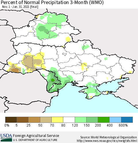 Ukraine, Moldova and Belarus Percent of Normal Precipitation 3-Month (WMO) Thematic Map For 11/1/2020 - 1/31/2021