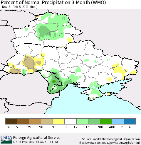 Ukraine, Moldova and Belarus Percent of Normal Precipitation 3-Month (WMO) Thematic Map For 11/6/2020 - 2/5/2021
