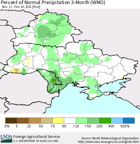 Ukraine, Moldova and Belarus Percent of Normal Precipitation 3-Month (WMO) Thematic Map For 11/11/2020 - 2/10/2021