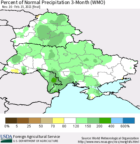 Ukraine, Moldova and Belarus Percent of Normal Precipitation 3-Month (WMO) Thematic Map For 11/16/2020 - 2/15/2021