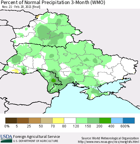 Ukraine, Moldova and Belarus Percent of Normal Precipitation 3-Month (WMO) Thematic Map For 11/21/2020 - 2/20/2021