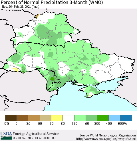 Ukraine, Moldova and Belarus Percent of Normal Precipitation 3-Month (WMO) Thematic Map For 11/26/2020 - 2/25/2021