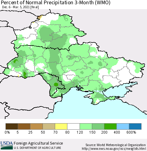Ukraine, Moldova and Belarus Percent of Normal Precipitation 3-Month (WMO) Thematic Map For 12/6/2020 - 3/5/2021