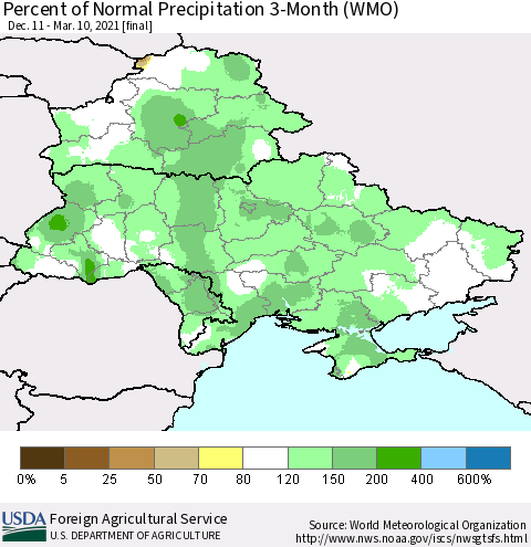 Ukraine, Moldova and Belarus Percent of Normal Precipitation 3-Month (WMO) Thematic Map For 12/11/2020 - 3/10/2021
