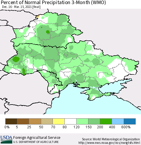 Ukraine, Moldova and Belarus Percent of Normal Precipitation 3-Month (WMO) Thematic Map For 12/16/2020 - 3/15/2021