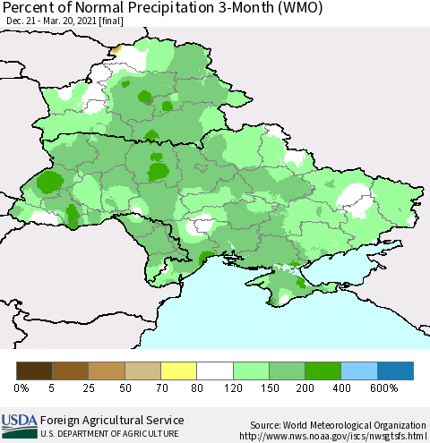 Ukraine, Moldova and Belarus Percent of Normal Precipitation 3-Month (WMO) Thematic Map For 12/21/2020 - 3/20/2021