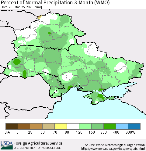 Ukraine, Moldova and Belarus Percent of Normal Precipitation 3-Month (WMO) Thematic Map For 12/26/2020 - 3/25/2021