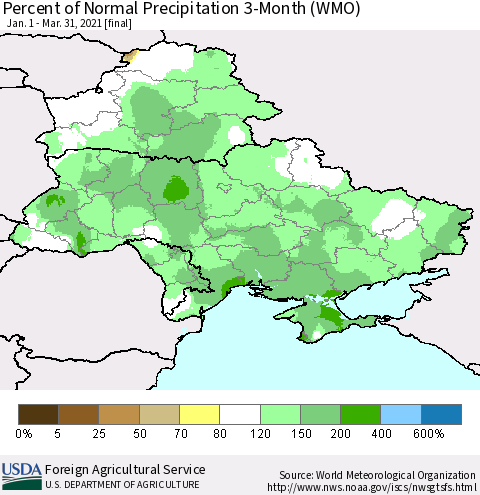 Ukraine, Moldova and Belarus Percent of Normal Precipitation 3-Month (WMO) Thematic Map For 1/1/2021 - 3/31/2021