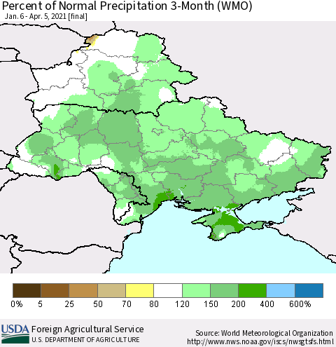 Ukraine, Moldova and Belarus Percent of Normal Precipitation 3-Month (WMO) Thematic Map For 1/6/2021 - 4/5/2021