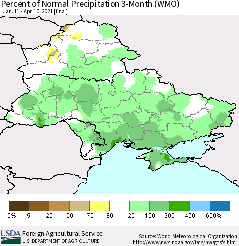 Ukraine, Moldova and Belarus Percent of Normal Precipitation 3-Month (WMO) Thematic Map For 1/11/2021 - 4/10/2021