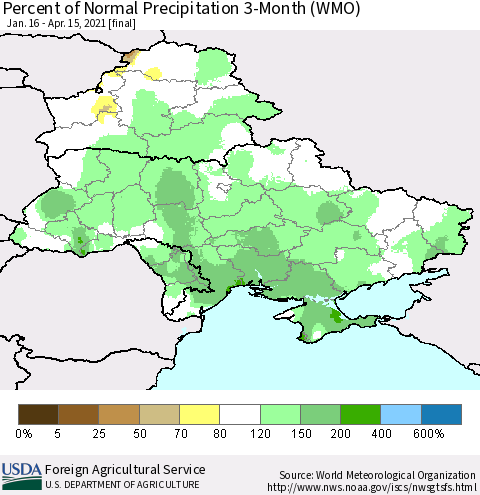 Ukraine, Moldova and Belarus Percent of Normal Precipitation 3-Month (WMO) Thematic Map For 1/16/2021 - 4/15/2021
