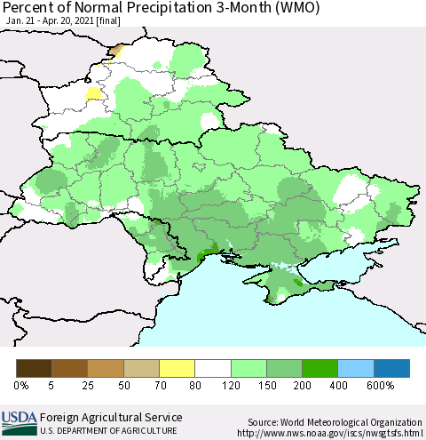 Ukraine, Moldova and Belarus Percent of Normal Precipitation 3-Month (WMO) Thematic Map For 1/21/2021 - 4/20/2021