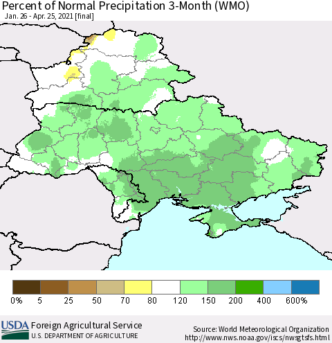 Ukraine, Moldova and Belarus Percent of Normal Precipitation 3-Month (WMO) Thematic Map For 1/26/2021 - 4/25/2021