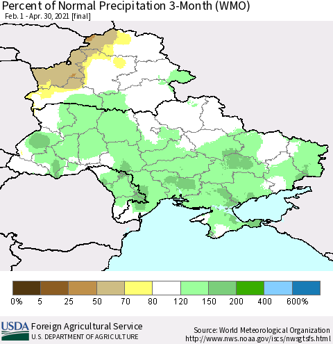 Ukraine, Moldova and Belarus Percent of Normal Precipitation 3-Month (WMO) Thematic Map For 2/1/2021 - 4/30/2021
