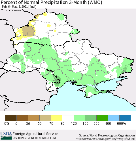 Ukraine, Moldova and Belarus Percent of Normal Precipitation 3-Month (WMO) Thematic Map For 2/6/2021 - 5/5/2021