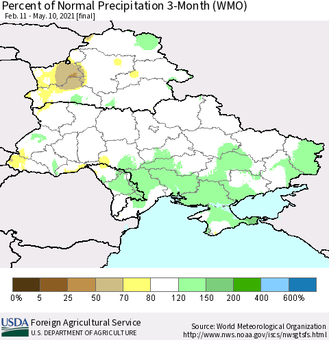 Ukraine, Moldova and Belarus Percent of Normal Precipitation 3-Month (WMO) Thematic Map For 2/11/2021 - 5/10/2021