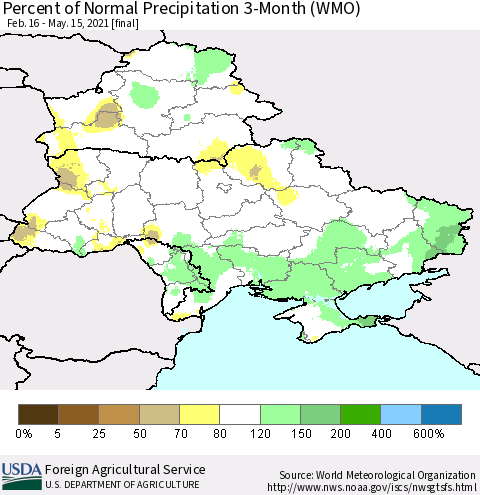 Ukraine, Moldova and Belarus Percent of Normal Precipitation 3-Month (WMO) Thematic Map For 2/16/2021 - 5/15/2021
