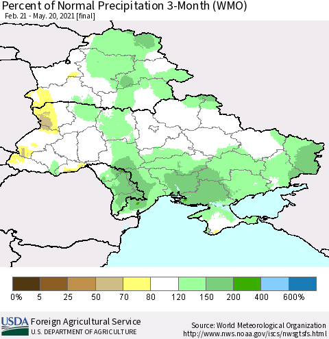 Ukraine, Moldova and Belarus Percent of Normal Precipitation 3-Month (WMO) Thematic Map For 2/21/2021 - 5/20/2021