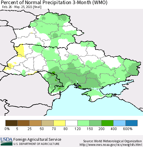 Ukraine, Moldova and Belarus Percent of Normal Precipitation 3-Month (WMO) Thematic Map For 2/26/2021 - 5/25/2021