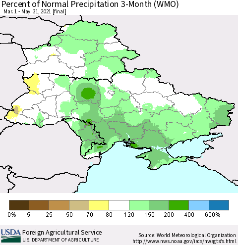 Ukraine, Moldova and Belarus Percent of Normal Precipitation 3-Month (WMO) Thematic Map For 3/1/2021 - 5/31/2021