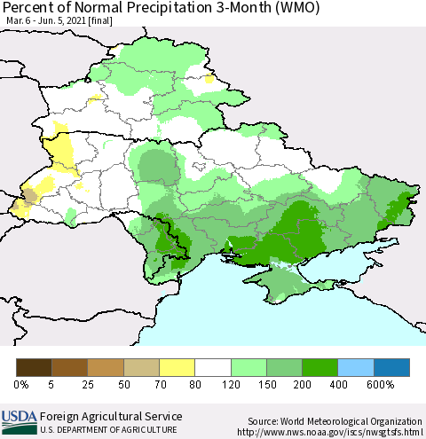 Ukraine, Moldova and Belarus Percent of Normal Precipitation 3-Month (WMO) Thematic Map For 3/6/2021 - 6/5/2021