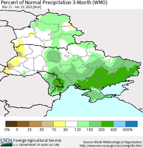 Ukraine, Moldova and Belarus Percent of Normal Precipitation 3-Month (WMO) Thematic Map For 3/11/2021 - 6/10/2021