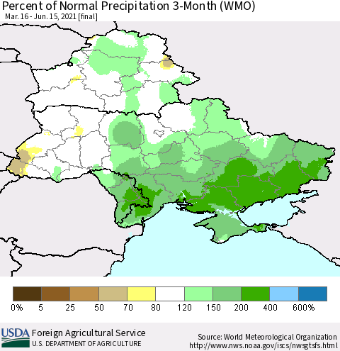 Ukraine, Moldova and Belarus Percent of Normal Precipitation 3-Month (WMO) Thematic Map For 3/16/2021 - 6/15/2021