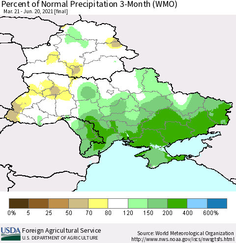 Ukraine, Moldova and Belarus Percent of Normal Precipitation 3-Month (WMO) Thematic Map For 3/21/2021 - 6/20/2021