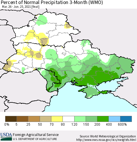 Ukraine, Moldova and Belarus Percent of Normal Precipitation 3-Month (WMO) Thematic Map For 3/26/2021 - 6/25/2021