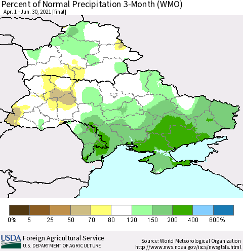 Ukraine, Moldova and Belarus Percent of Normal Precipitation 3-Month (WMO) Thematic Map For 4/1/2021 - 6/30/2021