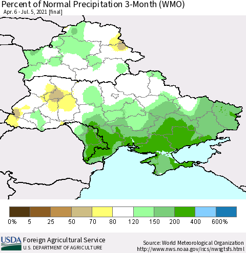 Ukraine, Moldova and Belarus Percent of Normal Precipitation 3-Month (WMO) Thematic Map For 4/6/2021 - 7/5/2021