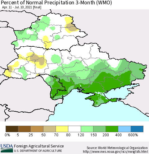 Ukraine, Moldova and Belarus Percent of Normal Precipitation 3-Month (WMO) Thematic Map For 4/11/2021 - 7/10/2021