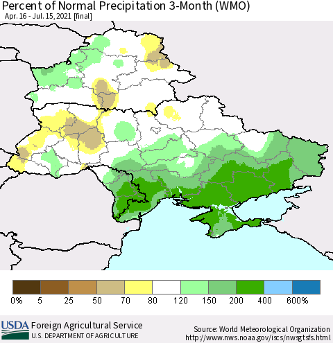 Ukraine, Moldova and Belarus Percent of Normal Precipitation 3-Month (WMO) Thematic Map For 4/16/2021 - 7/15/2021