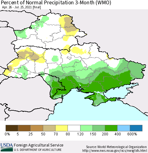 Ukraine, Moldova and Belarus Percent of Normal Precipitation 3-Month (WMO) Thematic Map For 4/26/2021 - 7/25/2021