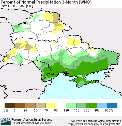 Ukraine, Moldova and Belarus Percent of Normal Precipitation 3-Month (WMO) Thematic Map For 5/1/2021 - 7/31/2021