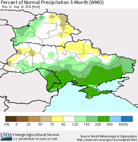 Ukraine, Moldova and Belarus Percent of Normal Precipitation 3-Month (WMO) Thematic Map For 5/11/2021 - 8/10/2021