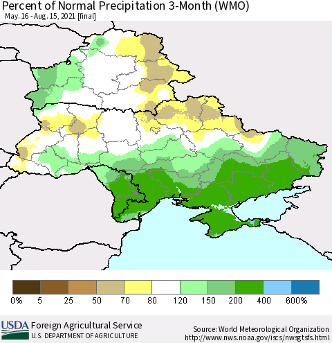 Ukraine, Moldova and Belarus Percent of Normal Precipitation 3-Month (WMO) Thematic Map For 5/16/2021 - 8/15/2021
