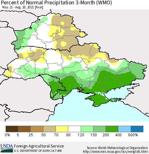 Ukraine, Moldova and Belarus Percent of Normal Precipitation 3-Month (WMO) Thematic Map For 5/21/2021 - 8/20/2021