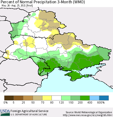 Ukraine, Moldova and Belarus Percent of Normal Precipitation 3-Month (WMO) Thematic Map For 5/26/2021 - 8/25/2021