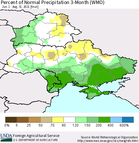 Ukraine, Moldova and Belarus Percent of Normal Precipitation 3-Month (WMO) Thematic Map For 6/1/2021 - 8/31/2021