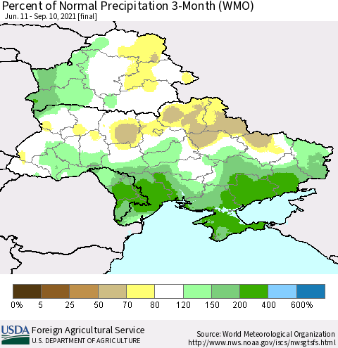 Ukraine, Moldova and Belarus Percent of Normal Precipitation 3-Month (WMO) Thematic Map For 6/11/2021 - 9/10/2021