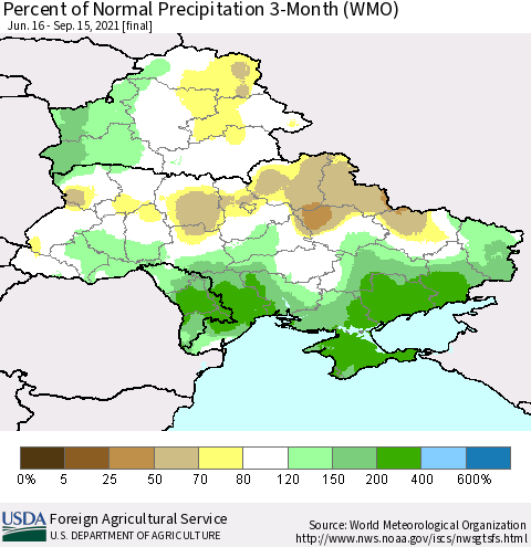Ukraine, Moldova and Belarus Percent of Normal Precipitation 3-Month (WMO) Thematic Map For 6/16/2021 - 9/15/2021