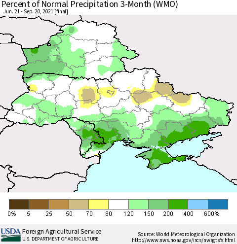 Ukraine, Moldova and Belarus Percent of Normal Precipitation 3-Month (WMO) Thematic Map For 6/21/2021 - 9/20/2021