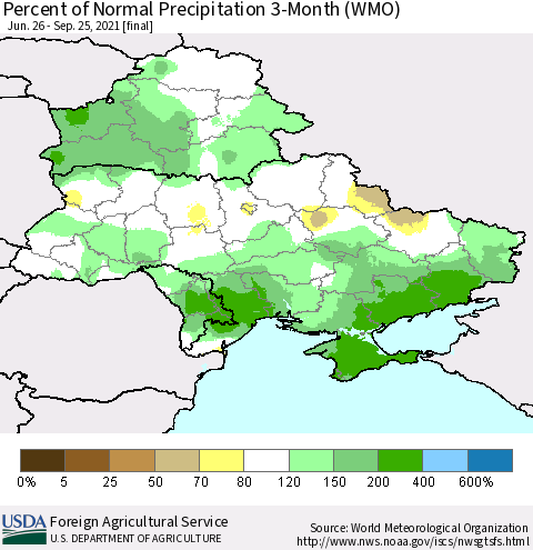 Ukraine, Moldova and Belarus Percent of Normal Precipitation 3-Month (WMO) Thematic Map For 6/26/2021 - 9/25/2021