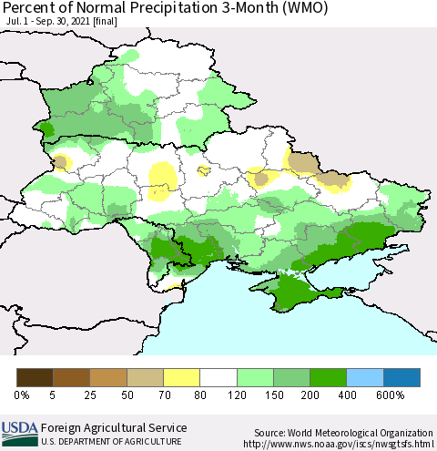 Ukraine, Moldova and Belarus Percent of Normal Precipitation 3-Month (WMO) Thematic Map For 7/1/2021 - 9/30/2021