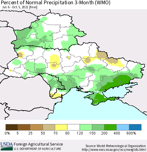 Ukraine, Moldova and Belarus Percent of Normal Precipitation 3-Month (WMO) Thematic Map For 7/6/2021 - 10/5/2021