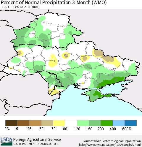 Ukraine, Moldova and Belarus Percent of Normal Precipitation 3-Month (WMO) Thematic Map For 7/11/2021 - 10/10/2021