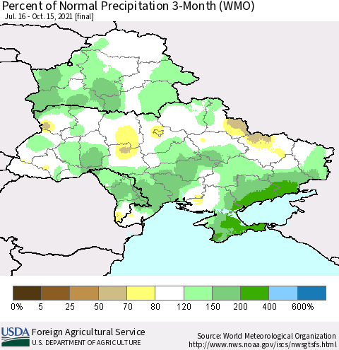 Ukraine, Moldova and Belarus Percent of Normal Precipitation 3-Month (WMO) Thematic Map For 7/16/2021 - 10/15/2021