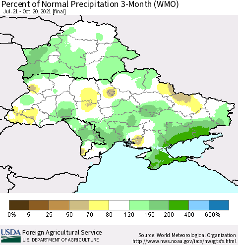 Ukraine, Moldova and Belarus Percent of Normal Precipitation 3-Month (WMO) Thematic Map For 7/21/2021 - 10/20/2021