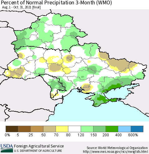 Ukraine, Moldova and Belarus Percent of Normal Precipitation 3-Month (WMO) Thematic Map For 8/1/2021 - 10/31/2021
